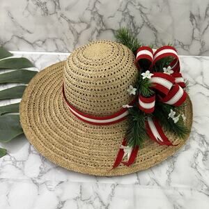 Bashful Brims Vintage 80s Christmas Straw Hat Womens Holiday Bows Pine Cones